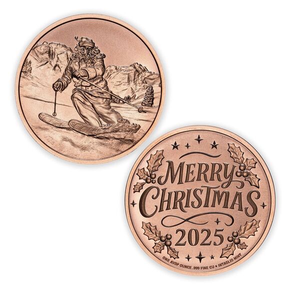 Skiing Santa 1 oz Copper Coin/Pendant (Air Tight Capsule) Ornament, 2025 - Picture 4 of 4